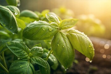 Fresh basil leaves with water droplets illuminated by warm sunlight