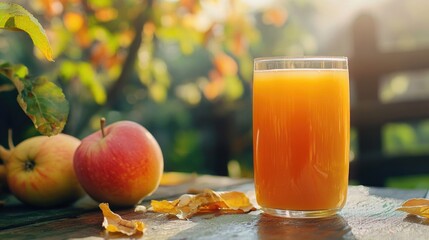 Wall Mural - Freshly squeezed orange juice served on a rustic wooden table, perfect for breakfast or brunch