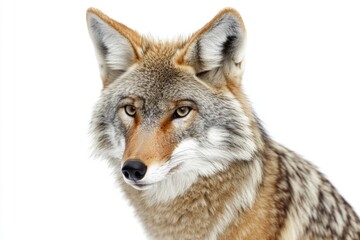  Close-up view of a wolf's face on a white background, suitable for use in wildlife or animal-themed designs