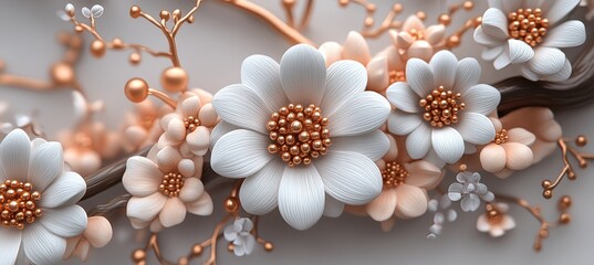 Canvas Print - White Clay Floral Arrangement with Miniature Gold Centerpieces on White Background, Detailed