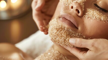 Wall Mural - A woman is receiving a facial treatment at a spa, with a brown sugar scrub being applied.