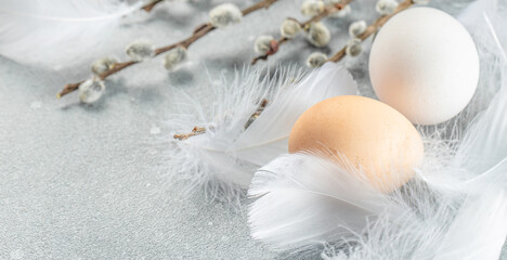 Wall Mural - easter composition with a willow branch and eggs on a blue background. top view. place for text