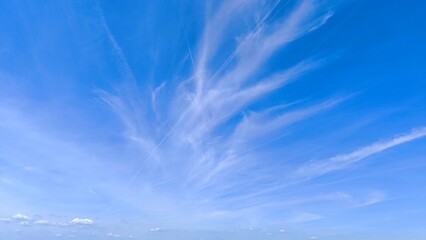blue sky with white aircraft trails