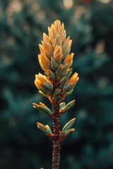 Canvas Print - Close-Up of Newly Emerging Yellow and Green Conifer Buds on Branch, Blurred Background