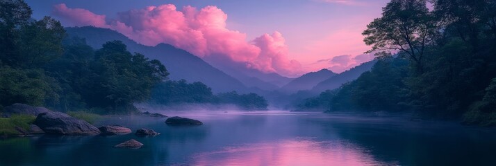 Wall Mural - Scenic Sunset Over Tranquil River With Vibrant Clouds and Crimson Sky Reflections in Water