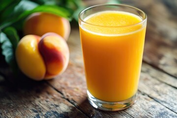 Wall Mural - A glass of orange juice sits next to a ripe peach