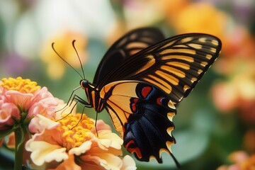 Fototapete - A butterfly sits on the petals of a colorful flower
