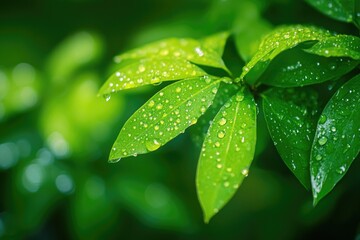 Wall Mural - A single green leaf with water droplets glistening on its surface