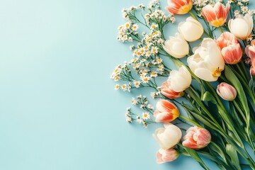 Wall Mural - A floral arrangement featuring tulips and daisies on a bright blue background, ideal for use in promotional materials or as a decorative element