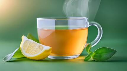 Wall Mural - A steaming cup of herbal tea with lemon slice and fresh leaves on a green background