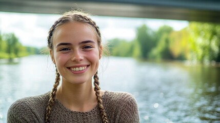 A smiling girl with braids looks directly at the camera