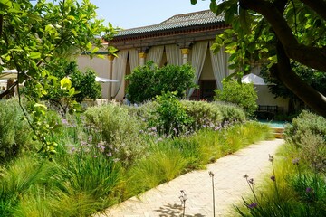 lush garden with traditional architecture.