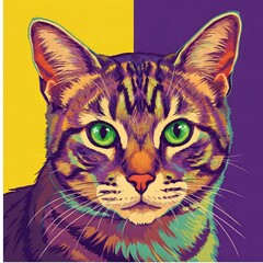 Naklejka na meble Vibrant Pop Art Illustration of a Cat with Green Eyes - Unique and Colorful Feline Portrait for Animal Art Lovers and Decor
