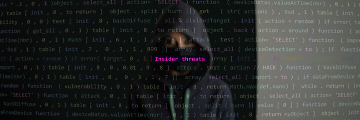 cyber attack insider threats text in foreground screen, hacker hidden in the blurred background. vul