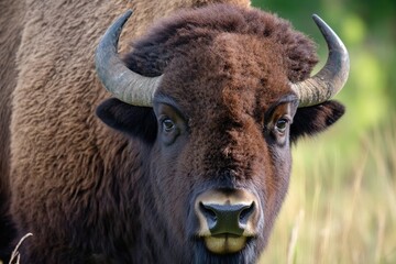 Sticker - A clear view of a bison's head with prominent horns, suitable for use in wildlife or nature-themed projects