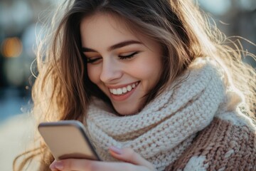 Wall Mural - A smiling woman gazes at her cell phone