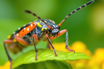 Fototapete - A small insect sits on the surface of a green leaf, its body and legs visible in this detailed shot