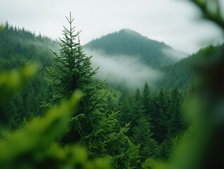 Wall Mural - foggy forest with evergreen trees