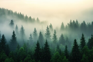 Wall Mural - foggy forest landscape with coniferous trees