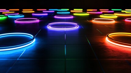 Wall Mural - A dynamic background with neon light circles and reflections on a black surface