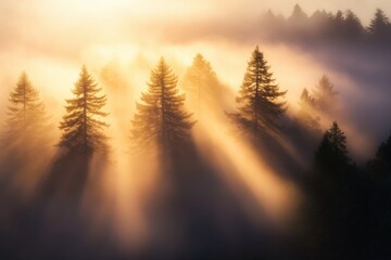 Wall Mural - golden light Through Foggy Forest at Sunrise