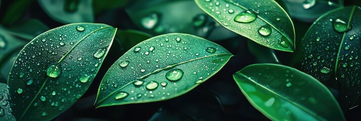 Wall Mural - 3d background minimalistic mockup with space for text, soft dewdrops glistening on fresh green leaves