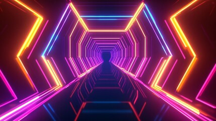 Wall Mural - A glowing neon kaleidoscope background with symmetrical patterns in warm hues