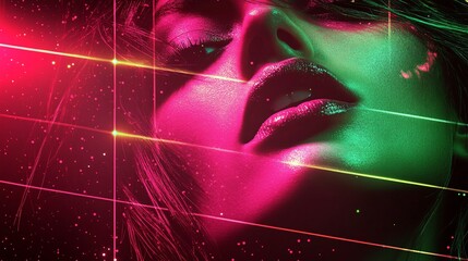 Wall Mural - A glowing neon laser grid background in bold pink and green tones