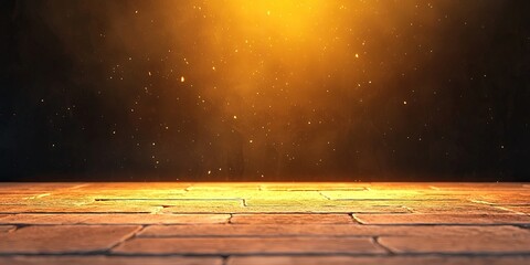 Wall Mural - Illuminated brick surface with golden light and particles.