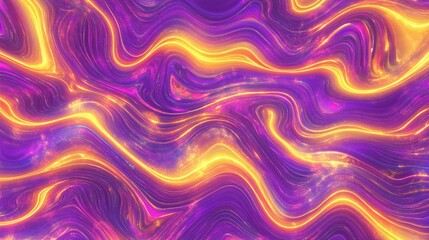 Wall Mural - A neon abstract wave pattern background with glowing edges in purple and gold