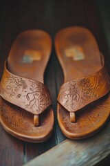 Wall Mural - A pair of brown sandals resting on a wooden table, awaiting use