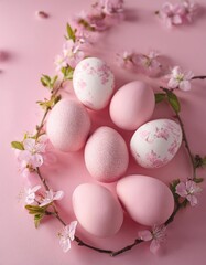 Wall Mural - Easter eggs with delicate floral decoration on pink background 