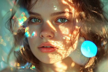 Wall Mural - Portrait of a woman looking directly at the camera with bright blue eyes