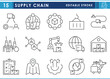 © Parbat - A set of line icons related to Supply Chain. Supply, delivery, worldwide, sea, air, land, location, transfer, cargo, factory, production, and so on. Vector editable stroke.