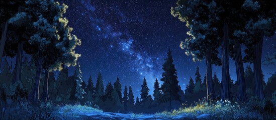 Wall Mural - Serene night landscape with a vibrant Milky Way stretching across a deep blue sky, framed by tall forest trees on both sides.