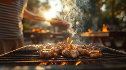 man grilling meat on bbq grill outdoors at sunset. summer lifestyle, family weekend picnic party. ou