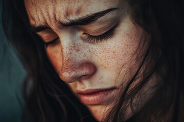 Wall Mural - A close-up portrait of a woman with distinctive freckles on her face, suitable for use in personal or editorial content