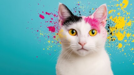 Aufkleber - Colorful Cat Portrait with Splashes of Paint Against a Blue Background