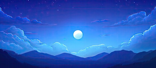 Wall Mural - Serene night sky with a bright full moon surrounded by soft clouds and silhouette of distant mountains in shades of blue and purple.