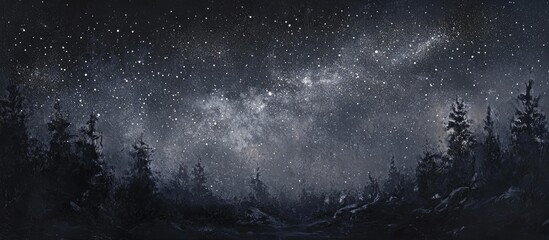 Wall Mural - Serene summer night sky over Joshua Tree National Park with vivid Milky Way and shimmering stars against dark silhouette of trees