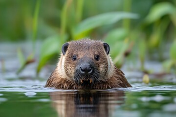 Sticker - A beaver swimming in a body of water, perfect for use in nature or wildlife scenes