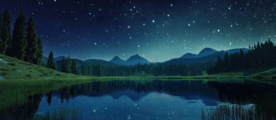 Wall Mural - Serene night landscape depicting a calm lake reflecting a starry sky with mountain silhouettes under a gradient of deep blue and green hues.