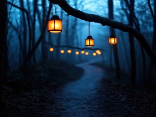 Wall Mural - Lanterns light a path through a dark, foggy forest.