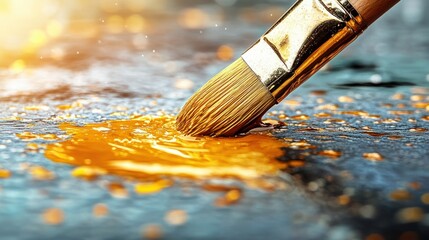 Aufkleber - Close Up View of Paint Brush Mixing Bright Yellow Paint on Surface