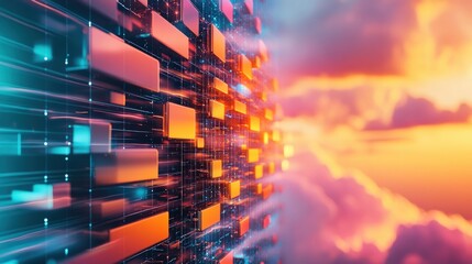 Fototapete - Abstract Digital Data Flow with Colorful Blocks in a Cloudy Sky Background
