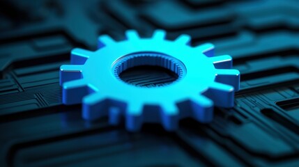 Fototapete - Blue gear wheel placed on a complex circuit board symbolizing technology and innovation