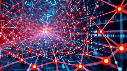 Digital network of interconnected glowing nodes in a blue and red cyberspace
