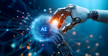 Wall Mural - .ai, machine learning, hand of robot and human touching on big data network connection, artificial i