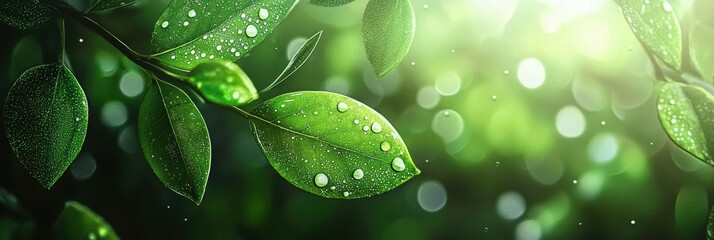 Wall Mural - 3d background minimalistic mockup with space for text, soft dewdrops glistening on fresh green leaves