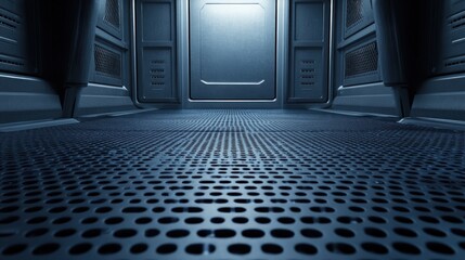 Poster - Dark Metallic Corridor with Perforated Flooring and Illuminated Doorway